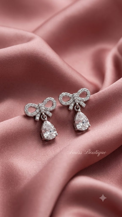 925 Sterling Silver Bow Earrings | Crystal Teardrop Drop Earrings | Elegant Bridal Stud Earrings