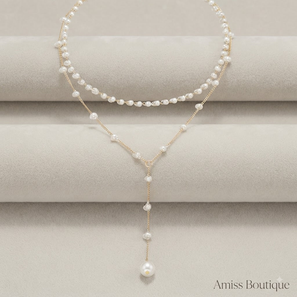 Elegant Double-Layer Pearl Necklace | Vintage Gold Tassel Lariat | Layered Faux Pearl Chain Necklace