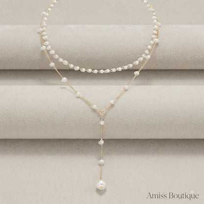 Elegant Double-Layer Pearl Necklace | Vintage Gold Tassel Lariat | Layered Faux Pearl Chain Necklace