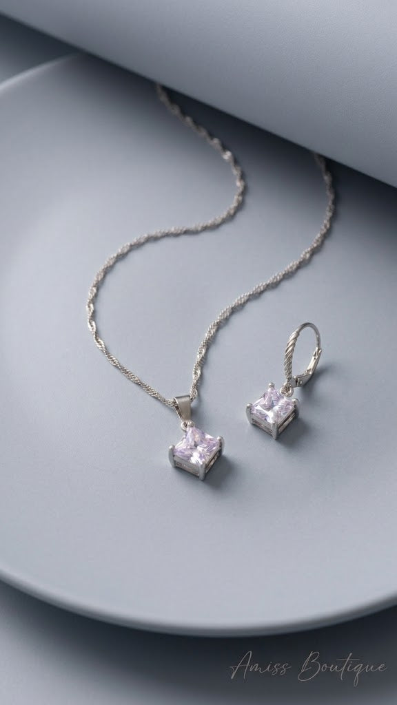 925 Sterling Silver Square Crystal Necklace & Earrings Set | CZ Pendant Jewelry Set | Wedding Bridal Jewelry Set