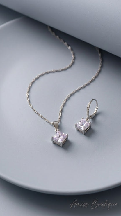 925 Sterling Silver Square Crystal Necklace & Earrings Set | CZ Pendant Jewelry Set | Wedding Bridal Jewelry Set