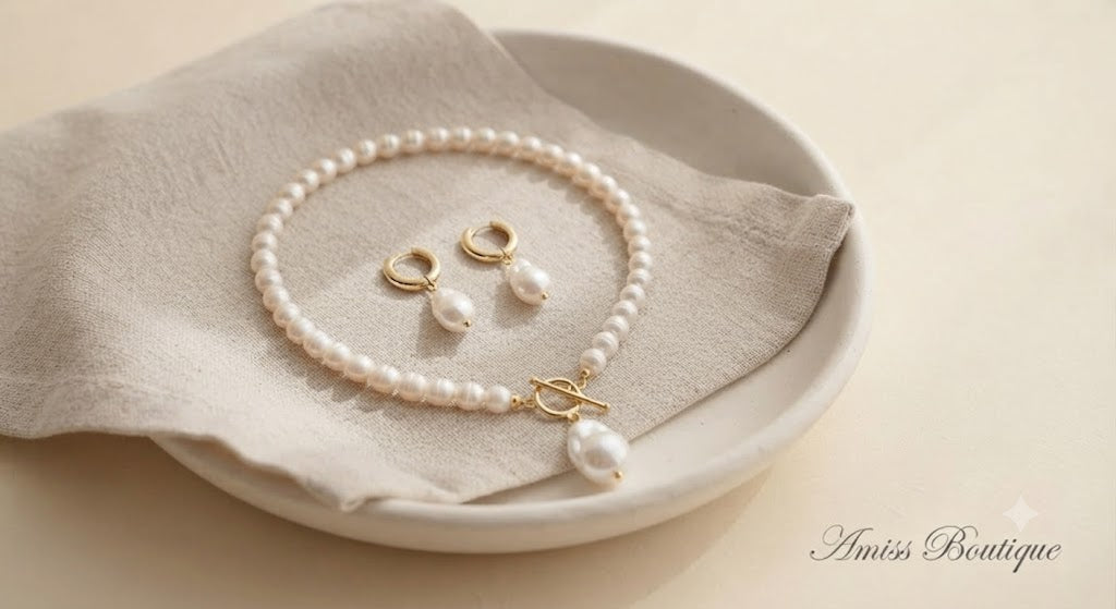 Freshwater Pearl Necklace & Earring Set – Gold Toggle Clasp with Baroque Pearl Drop