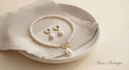 Freshwater Pearl Necklace & Earring Set – Gold Toggle Clasp with Baroque Pearl Drop