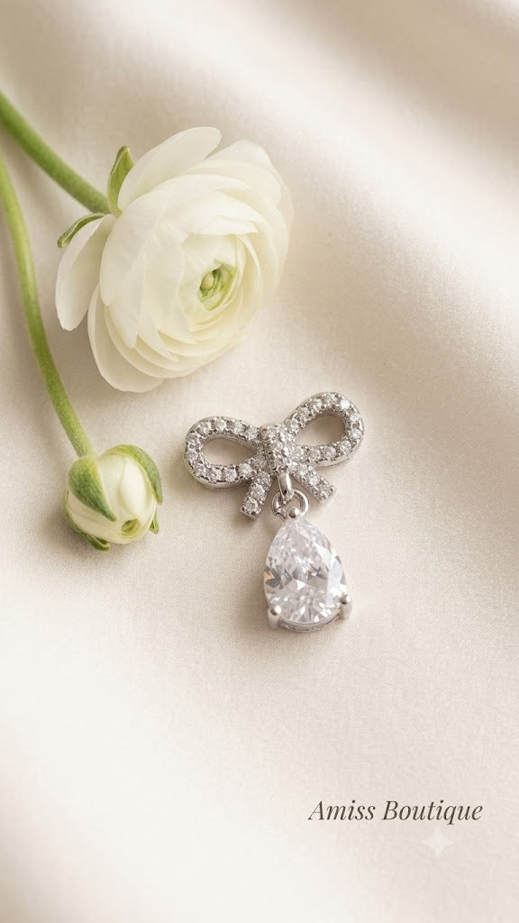925 Sterling Silver Bow Earrings | Crystal Teardrop Drop Earrings | Elegant Bridal Stud Earrings