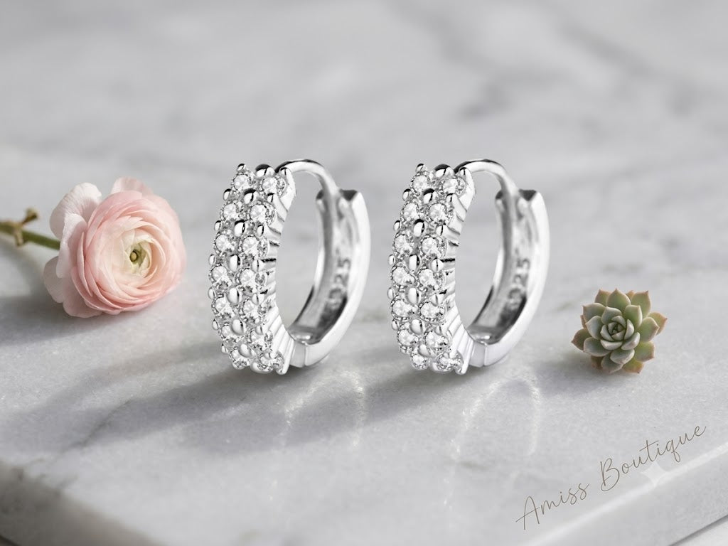 925 Sterling Silver Double Row Crystal Hoop Earrings | Zircon Huggie Hoops | Sparkling Round Stud Earrings