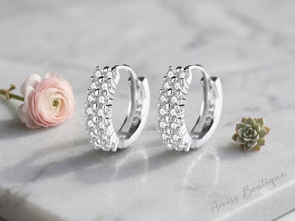925 Sterling Silver Double Row Crystal Hoop Earrings | Zircon Huggie Hoops | Sparkling Round Stud Earrings