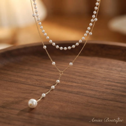 Elegant Double-Layer Pearl Necklace | Vintage Gold Tassel Lariat | Layered Faux Pearl Chain Necklace