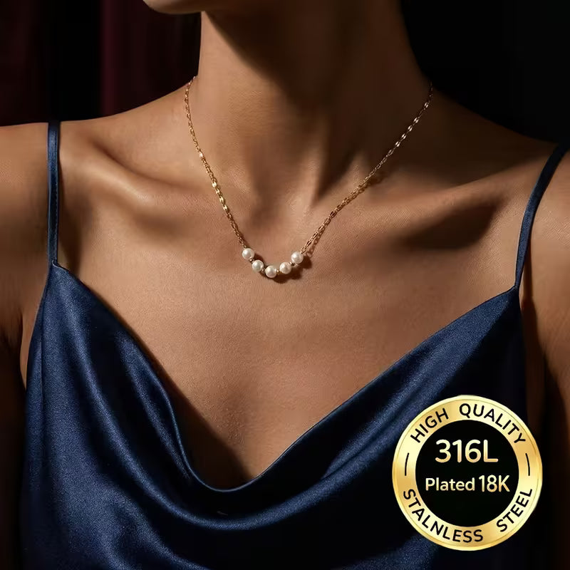 18K Gold Plated Stainless Steel Pearl Bead Necklace — Hypoallergenic