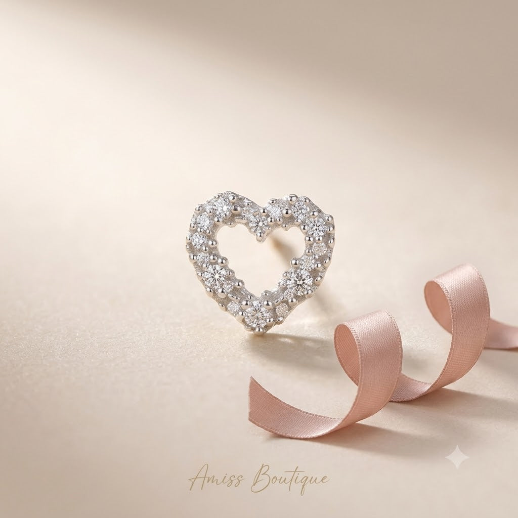 Silver Hollow Heart Stud Earrings — Sparkly Crystal Outline