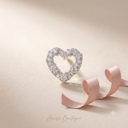 Silver Hollow Heart Stud Earrings — Sparkly Crystal Outline