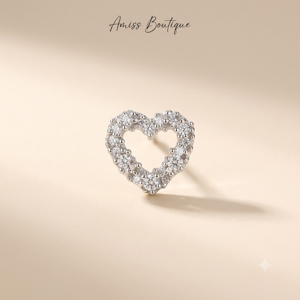 Silver Hollow Heart Stud Earrings — Sparkly Crystal Outline