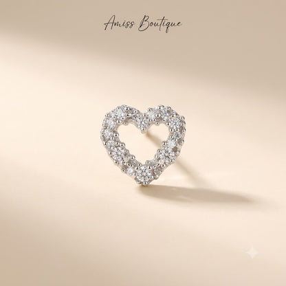 Silver Hollow Heart Stud Earrings — Sparkly Crystal Outline