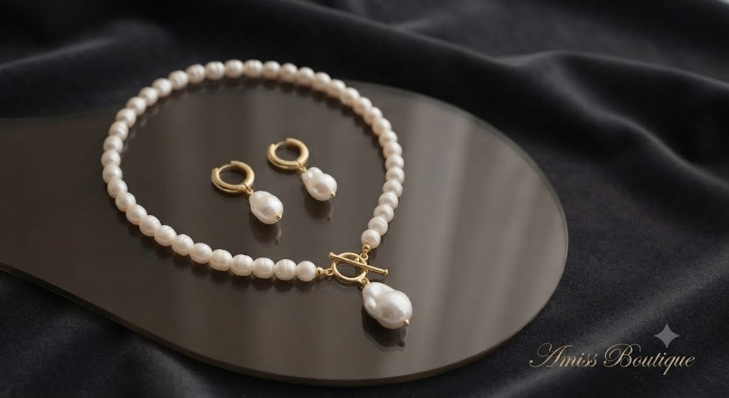 Freshwater Pearl Necklace & Earring Set – Gold Toggle Clasp with Baroque Pearl Drop