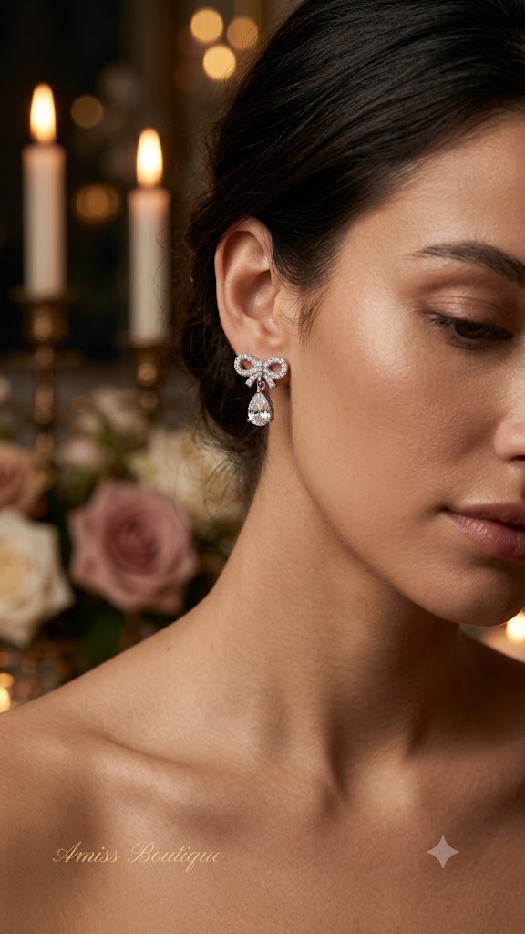 925 Sterling Silver Bow Earrings | Crystal Teardrop Drop Earrings | Elegant Bridal Stud Earrings