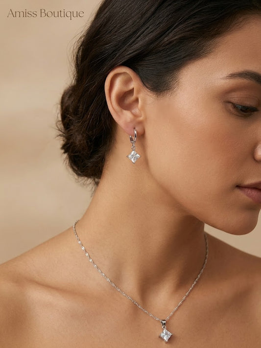 925 Sterling Silver Square Crystal Necklace & Earrings Set | CZ Pendant Jewelry Set | Wedding Bridal Jewelry Set