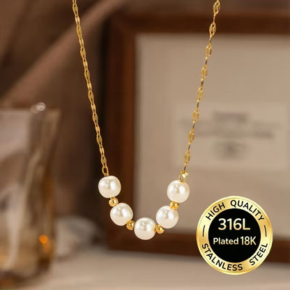 18K Gold Plated Stainless Steel Pearl Bead Necklace — Hypoallergenic