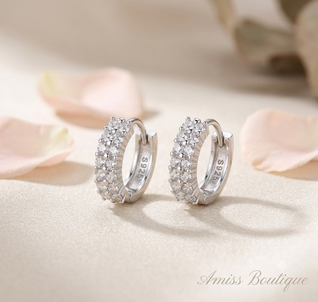 925 Sterling Silver Double Row Crystal Hoop Earrings | Zircon Huggie Hoops | Sparkling Round Stud Earrings