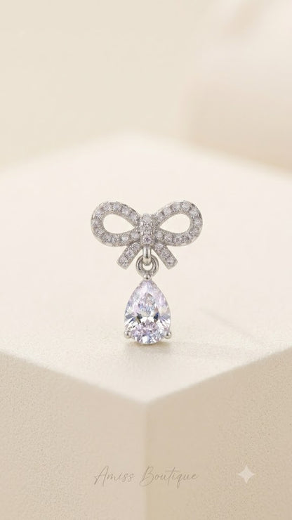 925 Sterling Silver Bow Earrings | Crystal Teardrop Drop Earrings | Elegant Bridal Stud Earrings