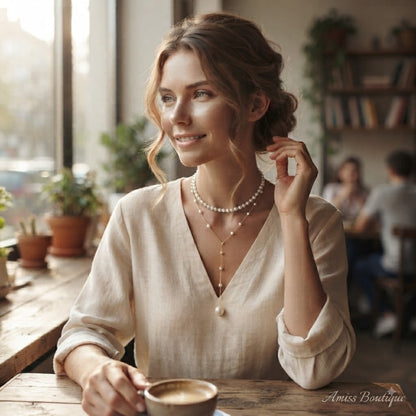 Elegant Double-Layer Pearl Necklace | Vintage Gold Tassel Lariat | Layered Faux Pearl Chain Necklace