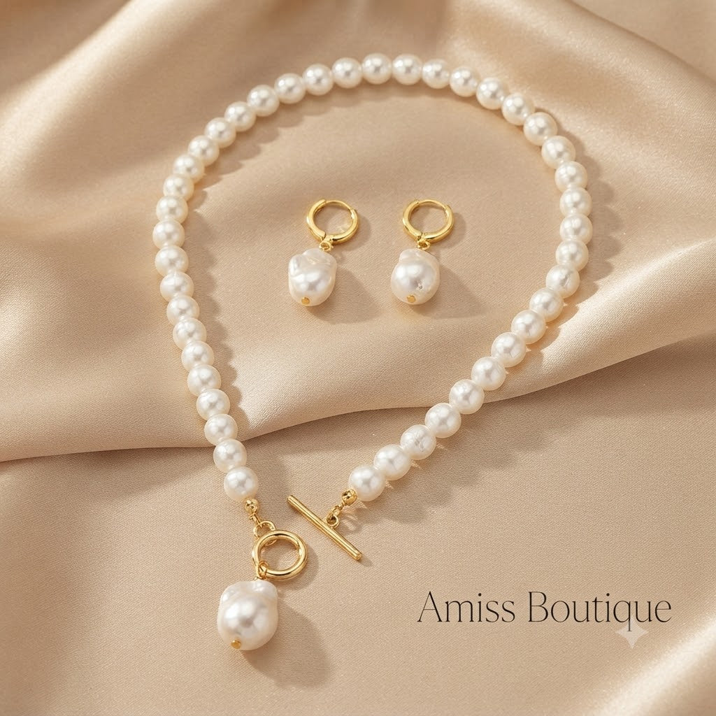 Freshwater Pearl Necklace & Earring Set – Gold Toggle Clasp with Baroque Pearl Drop