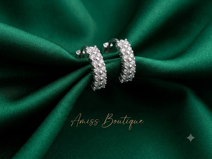 925 Sterling Silver Double Row Crystal Hoop Earrings | Zircon Huggie Hoops | Sparkling Round Stud Earrings