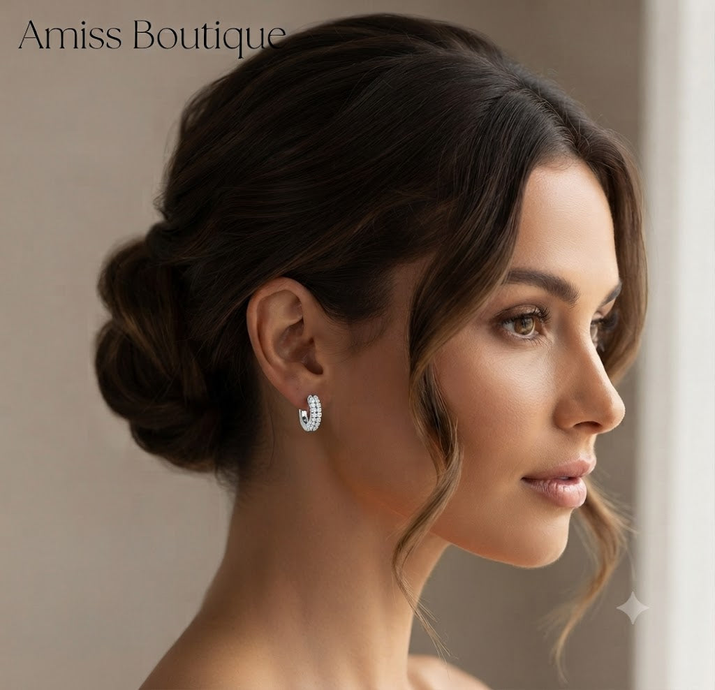 925 Sterling Silver Double Row Crystal Hoop Earrings | Zircon Huggie Hoops | Sparkling Round Stud Earrings