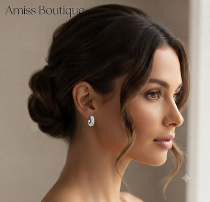 925 Sterling Silver Double Row Crystal Hoop Earrings | Zircon Huggie Hoops | Sparkling Round Stud Earrings