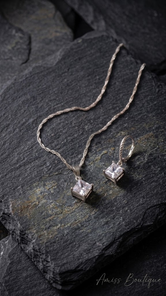 925 Sterling Silver Square Crystal Necklace & Earrings Set | CZ Pendant Jewelry Set | Wedding Bridal Jewelry Set
