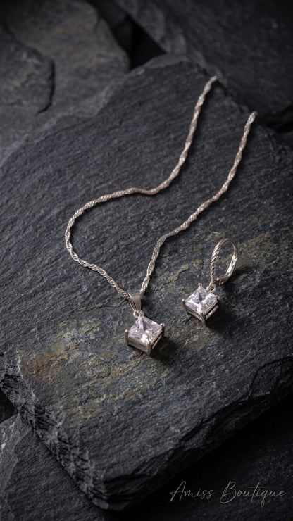 925 Sterling Silver Square Crystal Necklace & Earrings Set | CZ Pendant Jewelry Set | Wedding Bridal Jewelry Set