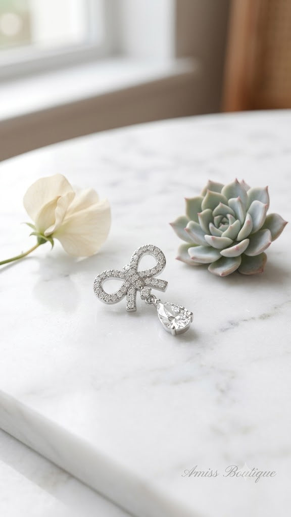 925 Sterling Silver Bow Earrings | Crystal Teardrop Drop Earrings | Elegant Bridal Stud Earrings