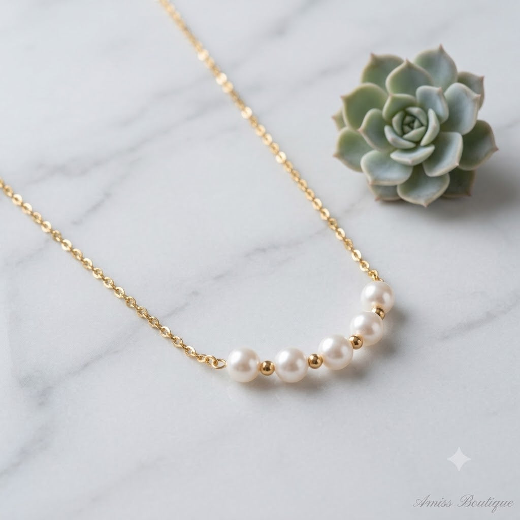 18K Gold Plated Stainless Steel Pearl Bead Necklace — Hypoallergenic
