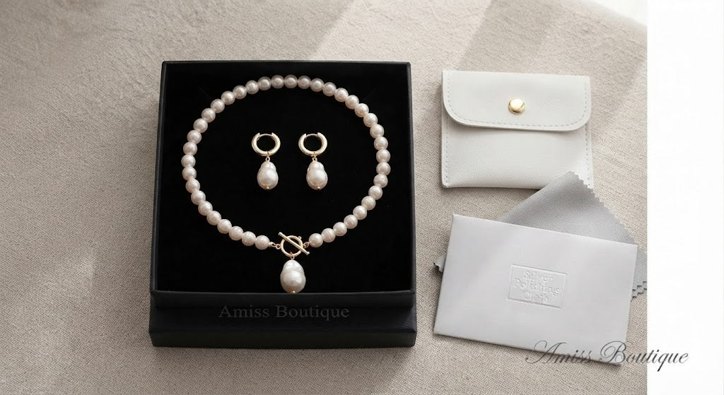 Freshwater Pearl Necklace & Earring Set – Gold Toggle Clasp with Baroque Pearl Drop