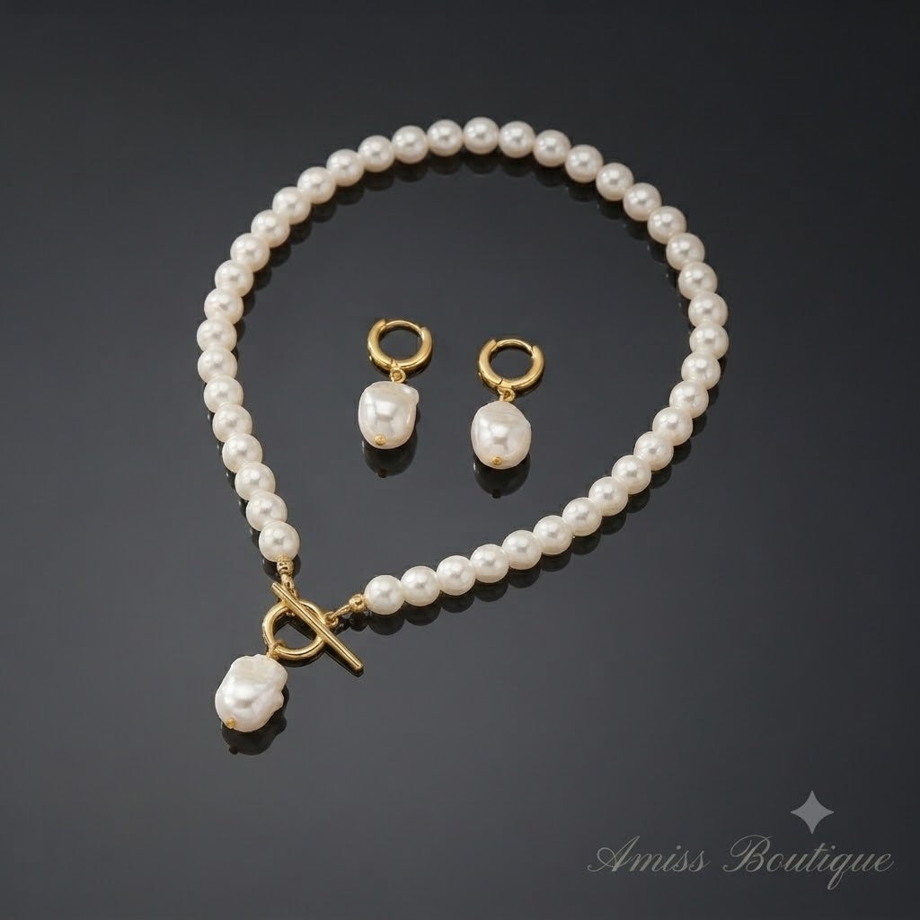 Freshwater Pearl Necklace & Earring Set – Gold Toggle Clasp with Baroque Pearl Drop