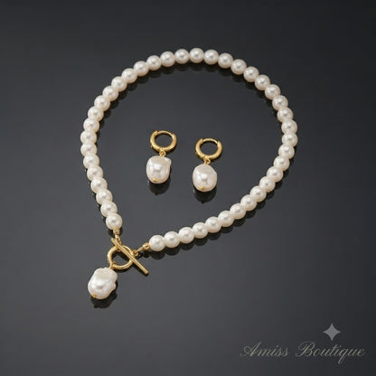 Freshwater Pearl Necklace & Earring Set – Gold Toggle Clasp with Baroque Pearl Drop