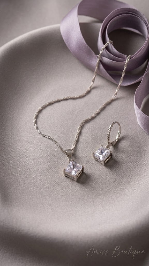 925 Sterling Silver Square Crystal Necklace & Earrings Set | CZ Pendant Jewelry Set | Wedding Bridal Jewelry Set