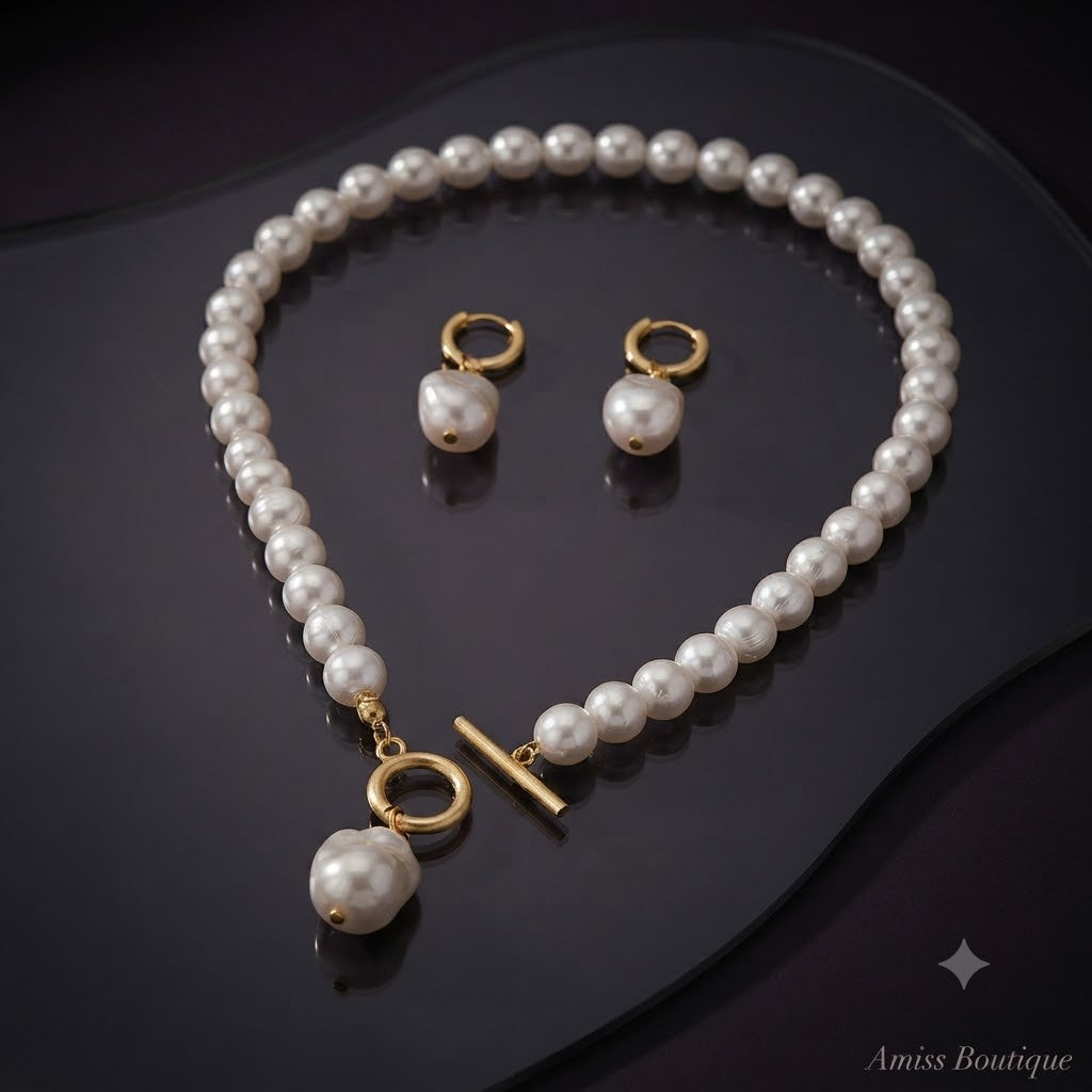 Freshwater Pearl Necklace & Earring Set – Gold Toggle Clasp with Baroque Pearl Drop