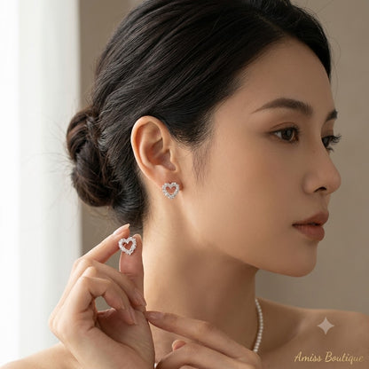 Silver Hollow Heart Stud Earrings — Sparkly Crystal Outline