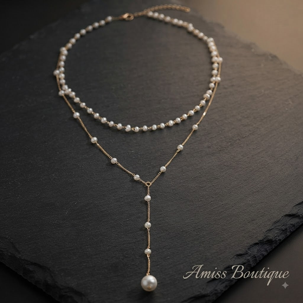Elegant Double-Layer Pearl Necklace | Vintage Gold Tassel Lariat | Layered Faux Pearl Chain Necklace
