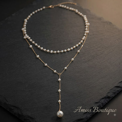 Elegant Double-Layer Pearl Necklace | Vintage Gold Tassel Lariat | Layered Faux Pearl Chain Necklace