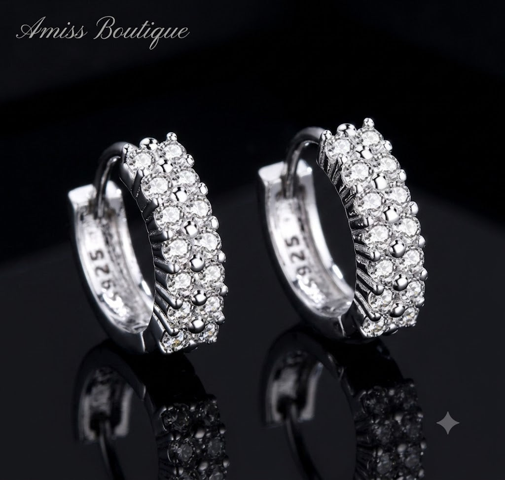 925 Sterling Silver Double Row Crystal Hoop Earrings | Zircon Huggie Hoops | Sparkling Round Stud Earrings