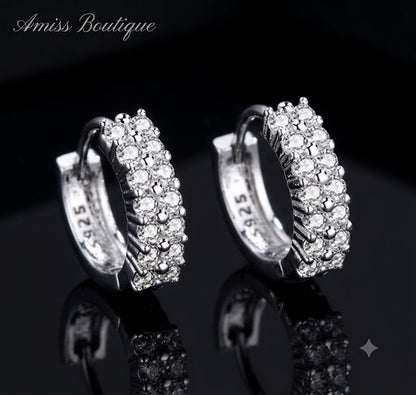 925 Sterling Silver Double Row Crystal Hoop Earrings | Zircon Huggie Hoops | Sparkling Round Stud Earrings