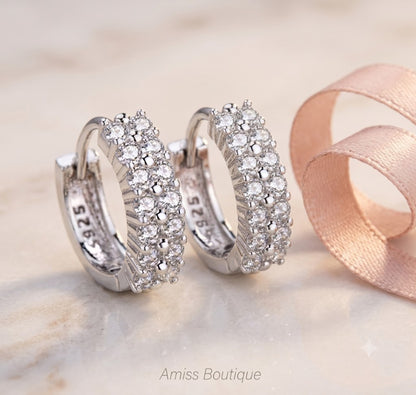 925 Sterling Silver Double Row Crystal Hoop Earrings | Zircon Huggie Hoops | Sparkling Round Stud Earrings