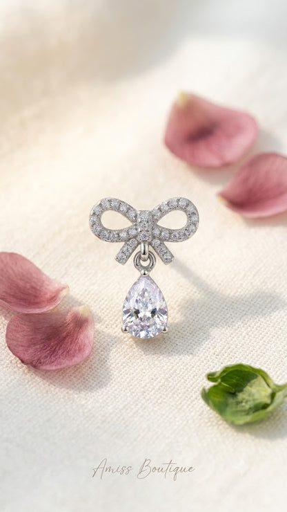 925 Sterling Silver Bow Earrings | Crystal Teardrop Drop Earrings | Elegant Bridal Stud Earrings