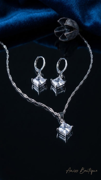 925 Sterling Silver Square Crystal Necklace & Earrings Set | CZ Pendant Jewelry Set | Wedding Bridal Jewelry Set