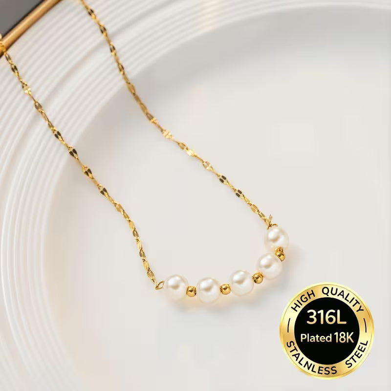 18K Gold Plated Stainless Steel Pearl Bead Necklace — Hypoallergenic