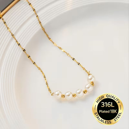 18K Gold Plated Stainless Steel Pearl Bead Necklace — Hypoallergenic