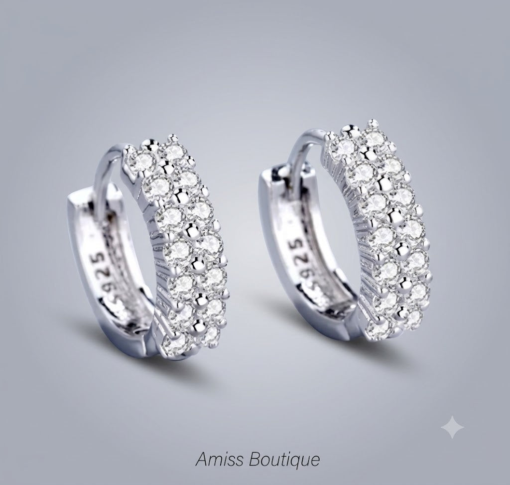 925 Sterling Silver Double Row Crystal Hoop Earrings | Zircon Huggie Hoops | Sparkling Round Stud Earrings