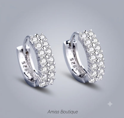925 Sterling Silver Double Row Crystal Hoop Earrings | Zircon Huggie Hoops | Sparkling Round Stud Earrings