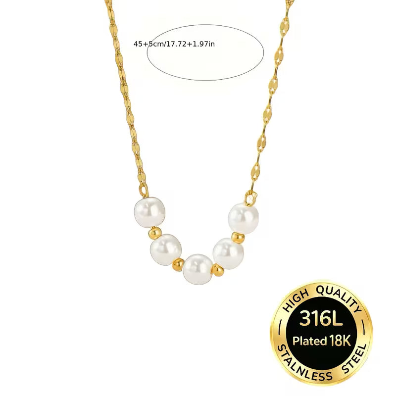 18K Gold Plated Stainless Steel Pearl Bead Necklace — Hypoallergenic