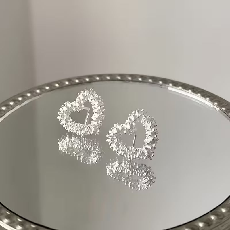 Silver Hollow Heart Stud Earrings — Sparkly Crystal Outline